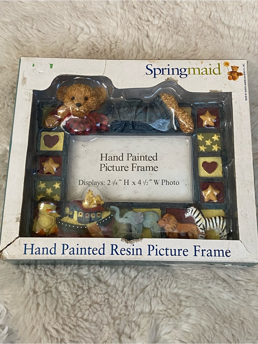 Vintage Springmaid Hand Painted Teddy Bear Noah’s ark animal Picture Frame NIB